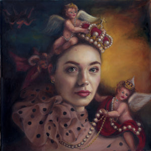 Crowns and Cherubs oil on canvas image for greetings card by Katie Ray
