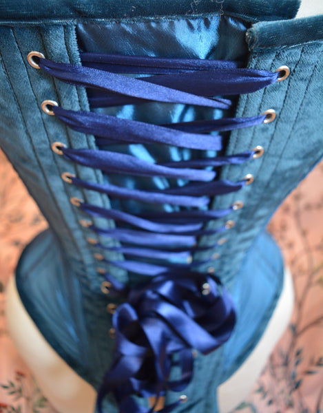 Close up of blue velvet lacing