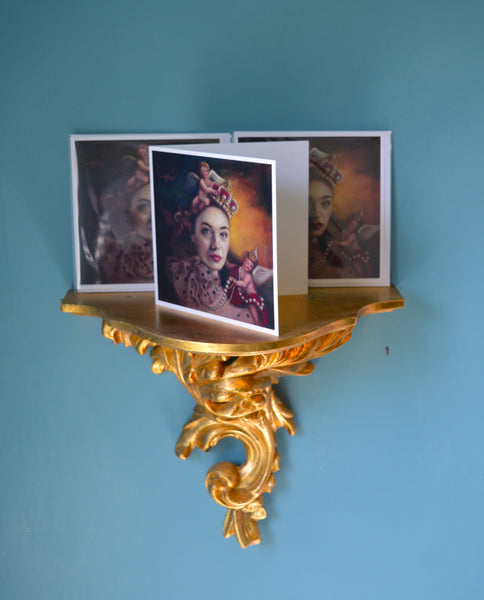 Crowns and Cherubs square art greetings card by Katie Ray