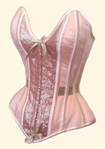 Peach overbust corset with plunge bustline, soft sheen sequins and champagne gold embellishments
