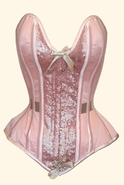 Peach overbust corset with plunge bustline, soft sheen sequins and gold embellishments