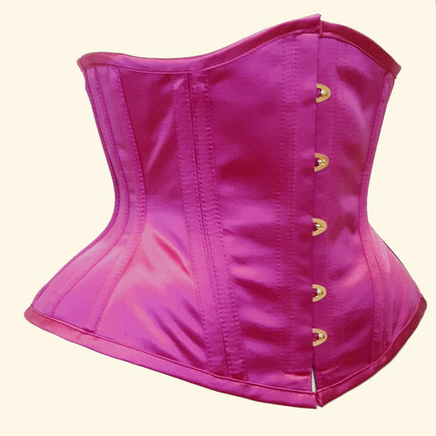 pink fuchsia waspie underbust corset with gold busk and gold eyelets