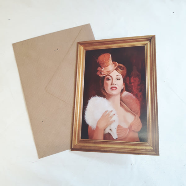 Showgirl burlesque style art greetings card