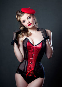 Black mesh and red glitter tightlacing overbust corset
