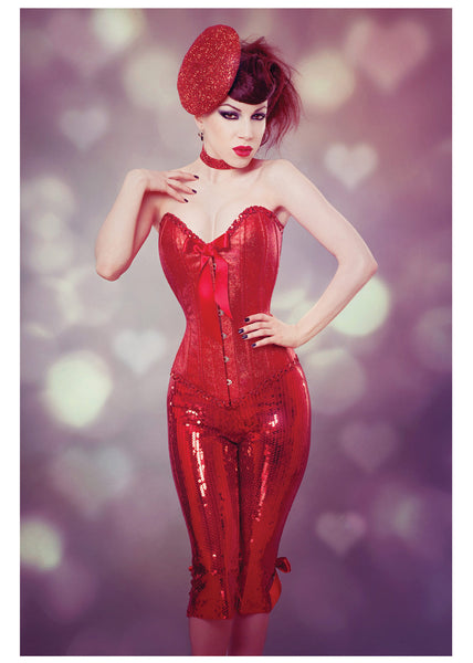 Red glitter fabric overbust corset