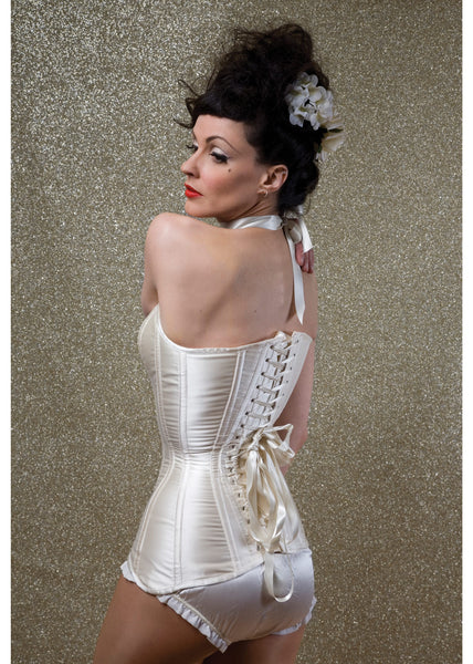 Longline overbust corset in ivory duchess satin
