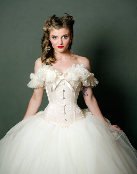 Wedding cream overbust corset with polka dot soft tulle neckline and shoulder straps