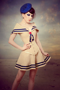 Vintage style sailor collar corset in beige linen